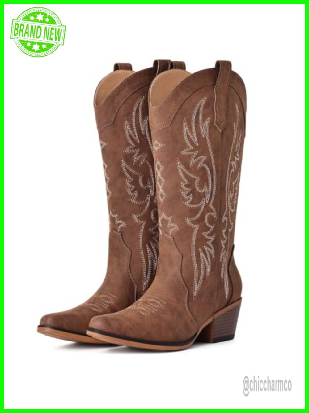 Western Cowgirl Boots Mid Calf Snip Toe Faux Leather Pull On